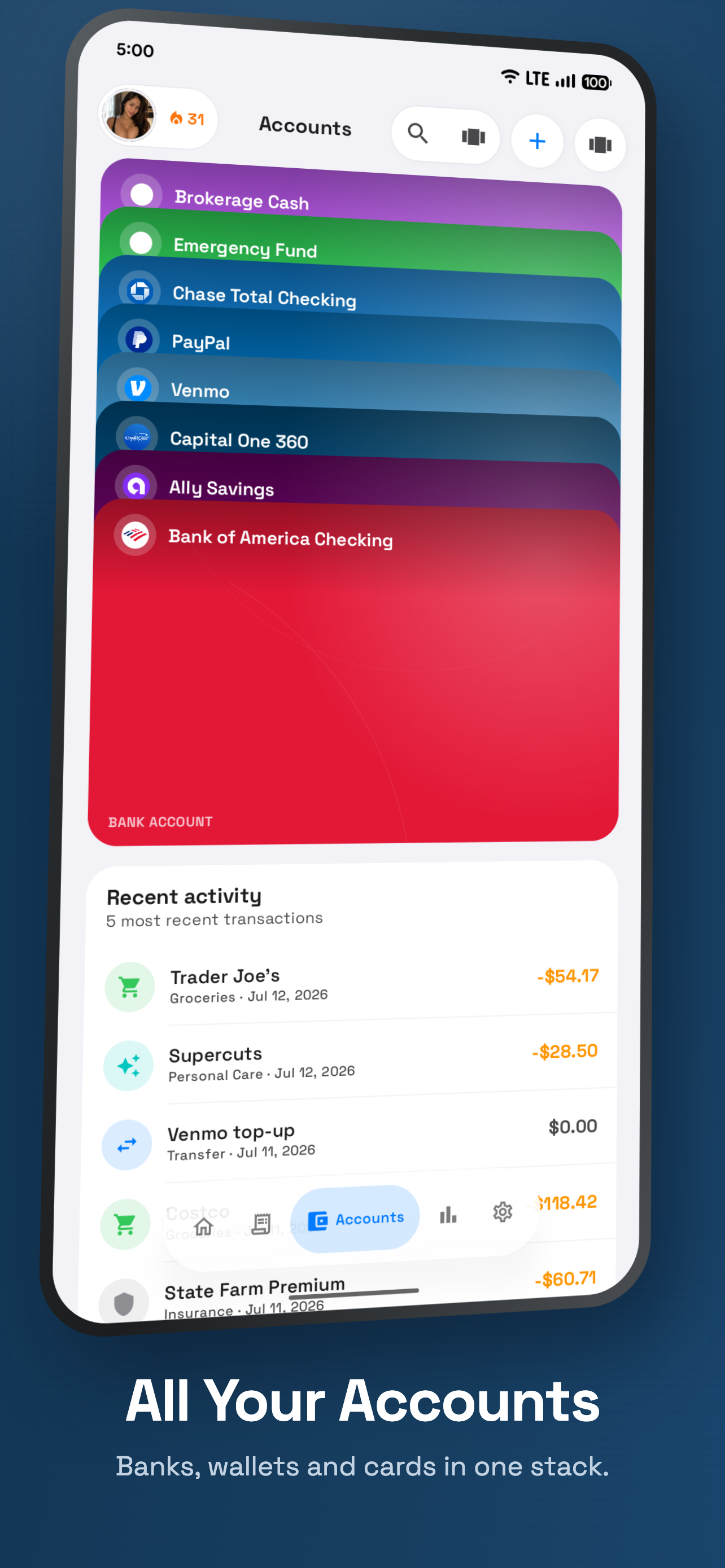 All Your Accounts — banks, wallets and cards in one stack
