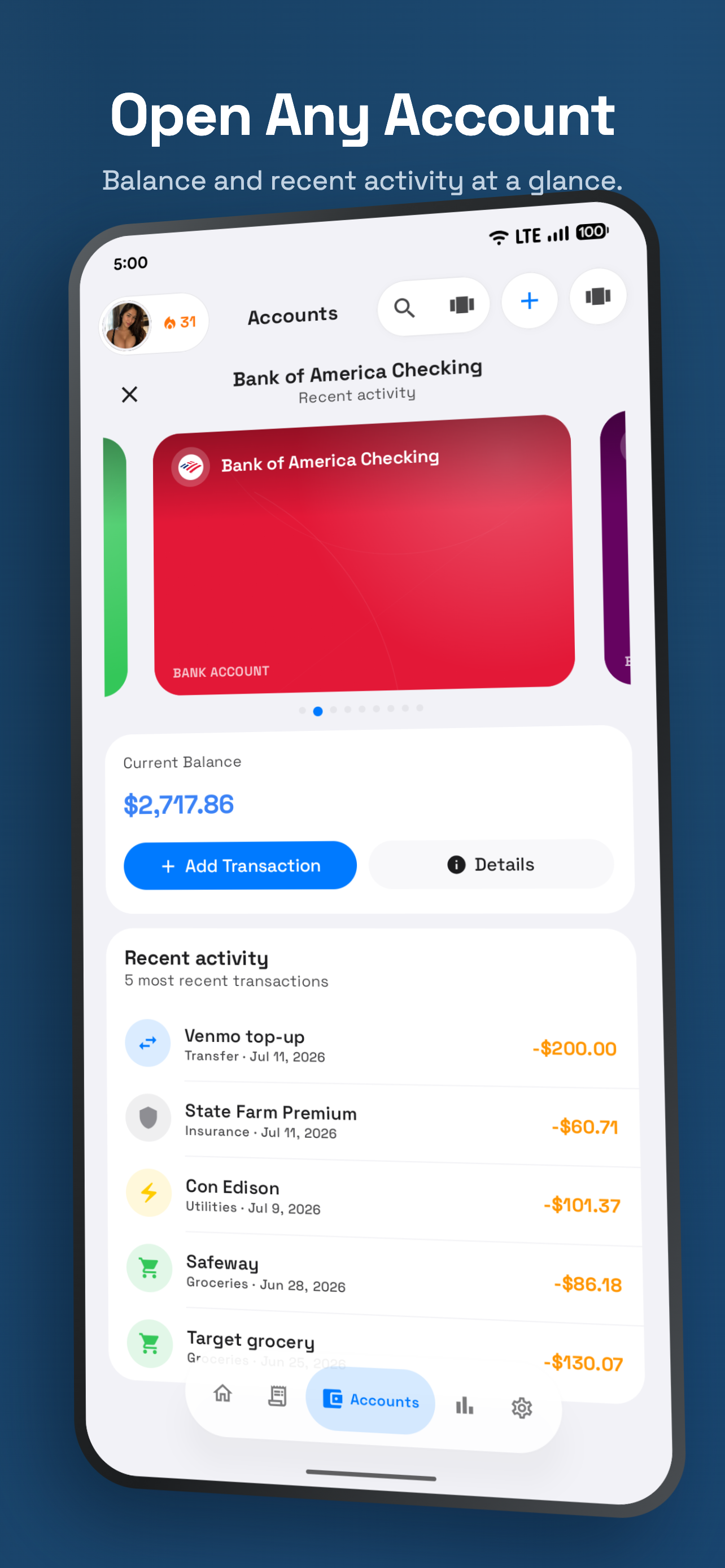 Open Any Account — balance and recent activity at a glance